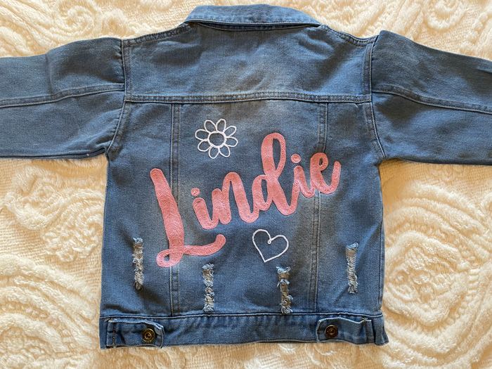 Denim jacket with Lindie in pink chainstitch