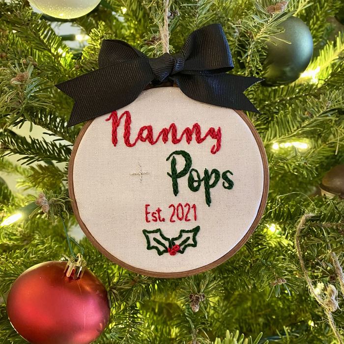 Christmas hoop ornament embroidered Nanny & Pops Est. 2021