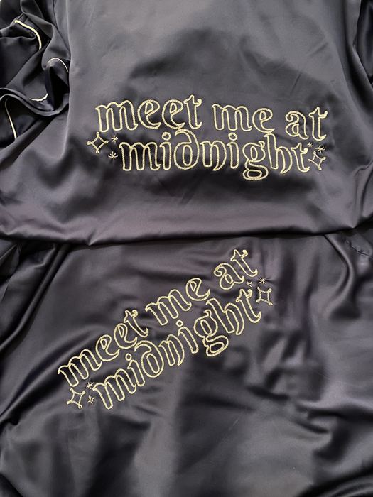 Navy tops embroidered with meet me at midnight in gold