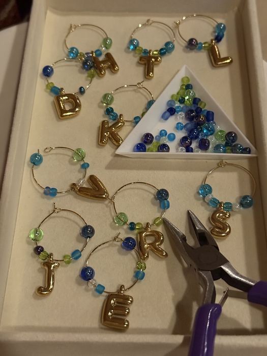 letter wine glass charms with blue and green beads