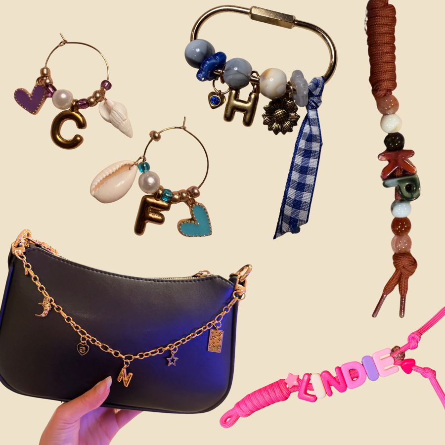 Custom charm pieces: letter wine glass charms, a gingham carabiner keychain, chunky letter bead keychains and a charm bag chain